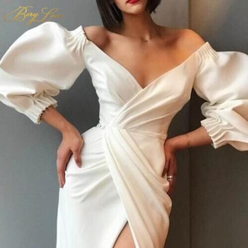 Sexy V Neck Evening Dresses Satin Off Shoulder Long Sleeves Side Slit Prom Dress High Waist Wrap Evening Gowns Robe de soiree
