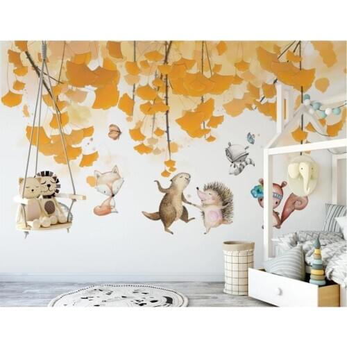 XUE SU Customized large mural wallpaper Nordic style ginkgo leaf cartoon animal childrens room background wall