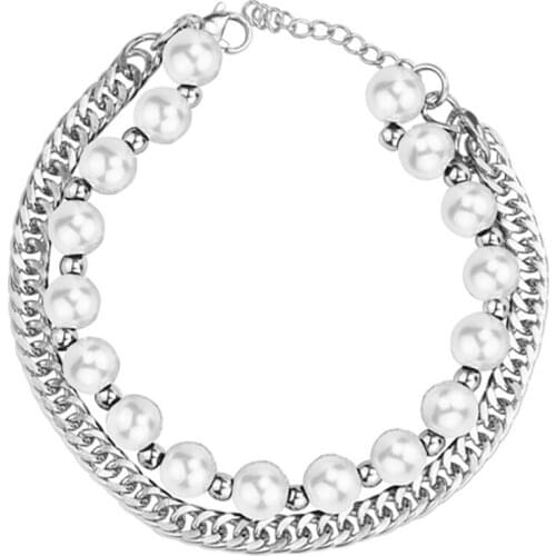 Stainless Steel Hip Hop Bilayer Pearl Adjustable Cuba Chain Link Bracelet Street Dance Jewelry Gift For Him