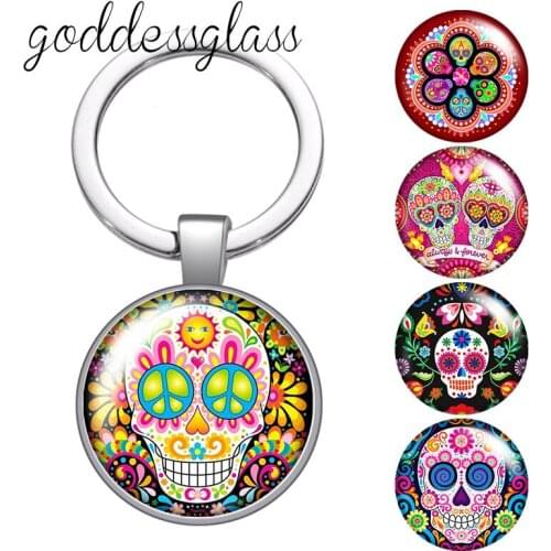 Colorful Skull patterns PUNK fashion beauty Round glass cabochon keychain Bag Car key chain Ring Holder Charms keychains