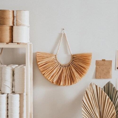 Wood Bead Straw Wall Hanging Decoration Rustic Farmhouse Ornament for Living Room Home Handcraft