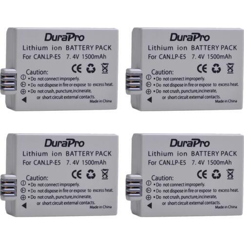 DuraPro 4pcs LP-E5 LP E5 LPE5 1500mAh Replacement Camera Battery For Canon EOS 450D 500D 1000D KISS X2 X3 F Rebel XS XSi T1i