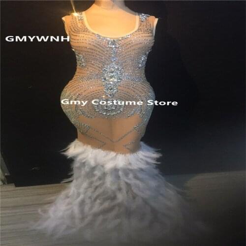 E91 Female feather evening long dress ballroom dance stage costumes singer performance wears skirt hip dresses Rhinestone club