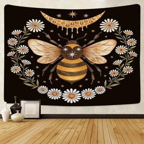 Bee Tapestry Black Tapestries Bee Daisy Flower Pattern Design Wall Hanging Hippie Decor for Home Dorm Bedroom Living Room Decor