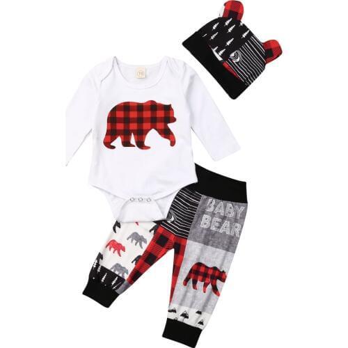 3PCS Newborn Baby Boy Girl Christmas Clothes Set Bear Print Romper Pants Hats Lovely Outfits