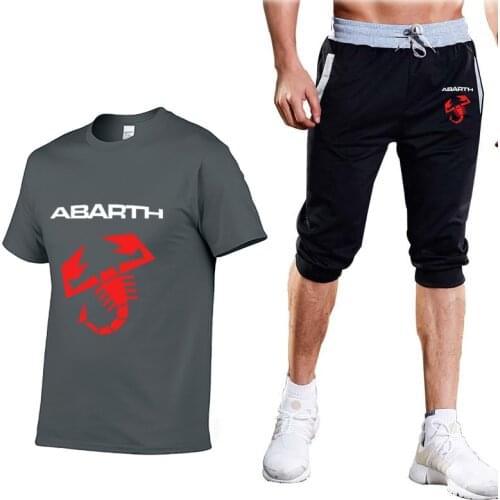 Summer Mens T-shirt Abarth Car Logo printing high quality Cotton casual trend Mens short sleeve+3/4 jogging shorts 2-piece set