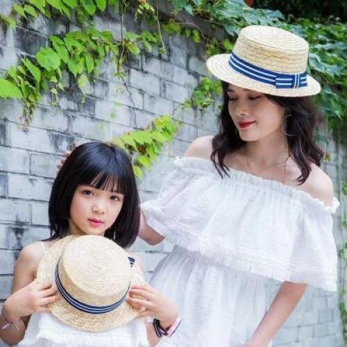 Summer Bow Hats Navy Blue Bow Mom And Me Straw Hat Women Girl Star Sun Cap Bohemia Hat Caps Beach Holiday