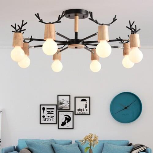 Nordic Macaron Antler Chandelier Simple And Creative Solid Wood LED Study Chandelier Living Room Bedroom Lobby Lighting