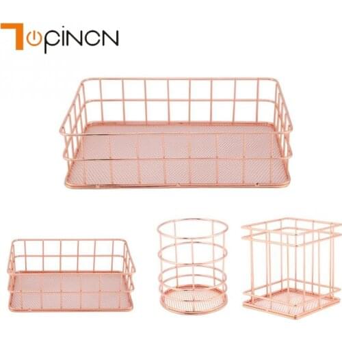 Nordic Style Desk Organizer Rose Gold Basket Stationery Makeup Organizer Brush Pen Metal Iron Storage Basket For Home Office