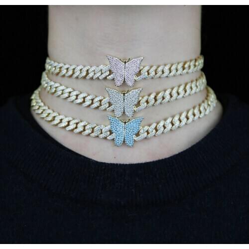 Iced out Women Animals Hip Hop Choker Necklace With white blue pink cz Paved Big butterfly Pendant Necklace Jewelry For Party
