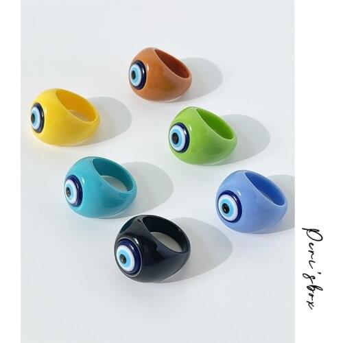 PerisBox Multicolor Exaggerated Round Acrylic Wide Rings For Women Cute Colorful Devil Eye Signet Resin Chunky Rings