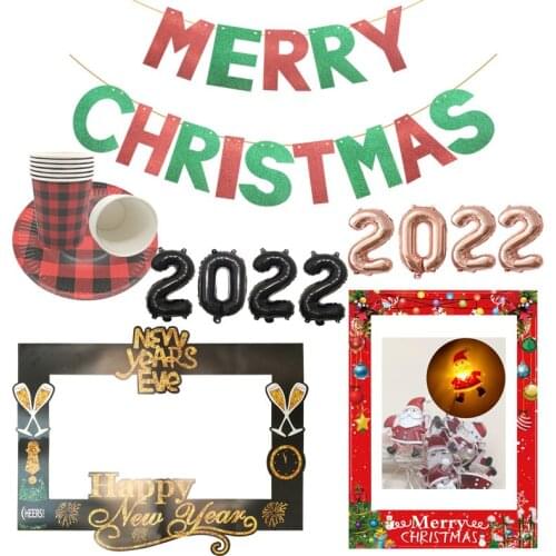 1set Merry Christmas Paper Banner Party Bunting Garland Christmas Ornament 2021 Happy New Years Eve Party Frame Balloon Decor