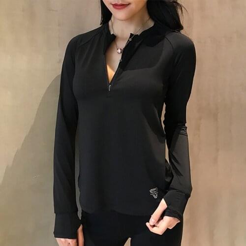 SALSPOR Sexy Women Zipper Long Sleeve Sport Shirt Solid Color Fitness Tops With Thumb Holes Quick Dry Breathable Gym Clothes
