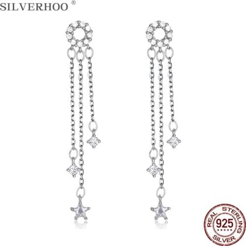 SILVERHOO 925 Sterling Silver Tassel Drop Earrings Trendy Star Zircon Hanging Earrings For Women Fine Jewelry Wedding Gift Hot