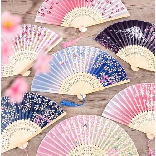 Folding Fan Cherry Classical Japanese Korean Chinese Style Blossoms Fold Portable Tassel Bamboo Props Pattern Painting Hand Fan