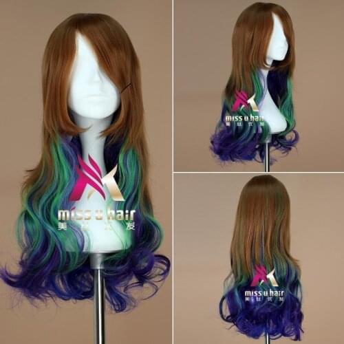 High Quality Harajuku Lolita Long Wavy Rainbow Wig With Bangs Synthetic Hair Cosplay Costume Party Color Wigs For Women+wig cap