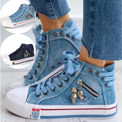 Women Canvas Shoes Casual Girl Sneakers Student High Top Blue Woman Vulcanize Shoes Soft Zipper Flats Cloth Shoe zapatillas