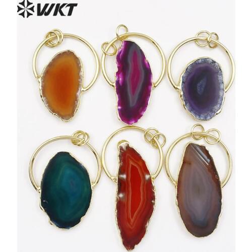WT-P1411 Classic Design Natural Slice Stone With Half Metal Ring Double Loops Pendant Mutli Colors Stone In Random Shape Jewelry