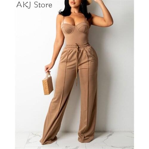 Women Back Zipper Design Spaghetti Strap Crop Top & Pants 2 Piece Sets