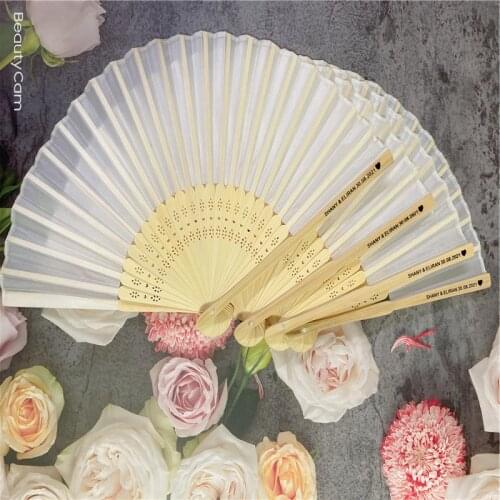100pcs / lot custom silk fan wedding hand silk fan with organza gift bag packaging