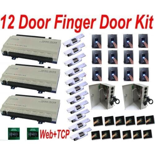 12 Door Full Kut of Web IP Access Controller System+12 Fingerprint Biometric access readers+12 strike lock+ups power+one softwa