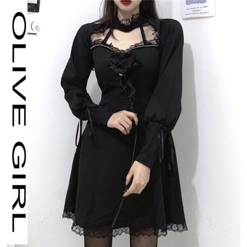 2021 Spring Casual Kawaii Lace Slim Dress French Vintage Skater Dress Women Korean Elegant Fairy Dress Female Gothic Clothes