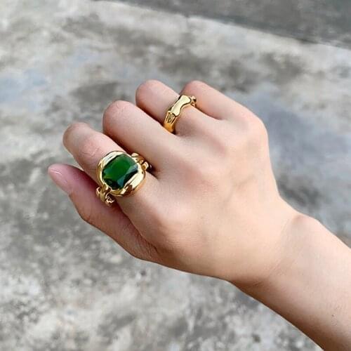 Amaiyllis 18k Gold Vintage Green Crystal Rings Hip Hop Simplicity Exaggerated Index Finger Ring For Female Jewelry Gift