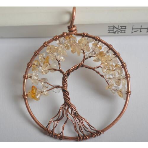 Free Shipping Round Copper Handmade Wire Wrap Tree of life Yellow Crystal Pendant Bead 1Pcs K2064