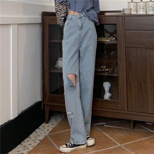 Jogger Harajuku Light Blue Denim Pants Retro Wide Leg Pants WomenS Ripped Pants High Waist Casual Jeans Women