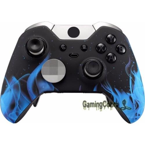 EXtremeRate Blue Flame Fire Design Soft Touch Grip Front Shell Cover for Xbox One Elite Controller Model 1698