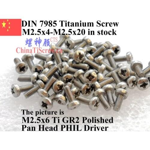 DIN 7985 Titanium screws M2.5x4 M2.5x5 M2.5x6 M2.5x8 M2.5x10 M2.5x12 Pan Head PHIL Driver Ti GR2 Polished 25 pcs