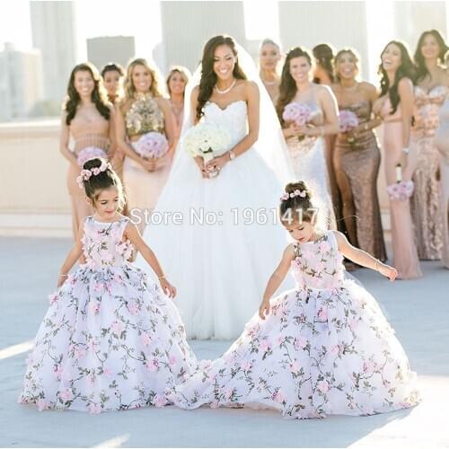 2020 New Baby Girls Flowers Dresses for Party Long Length Lace Print Puffy Ball Gown Child Kids Performance Clothes