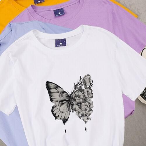 Harajuku Butterfly Print Tshirt Short Women Sleeve Punk Vintage T Shirt Lady Casual Tee Shirt Tops Summer Femme Basic T-shirts