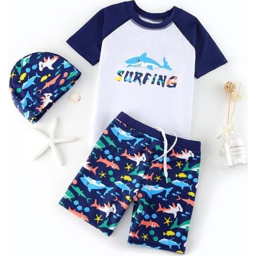 Summer Cartoon Shark Print Child Boy Swimsuit Students Swim Shirt Trunk Cap Set Boys Plus Size Swimsuit Beach Swimwear Beachwear