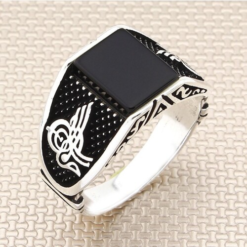 Square Black Onyx Stone Men Silver Ring With Ottoman Tugra Motif Made in Turkey Solid 925 Sterling Silver