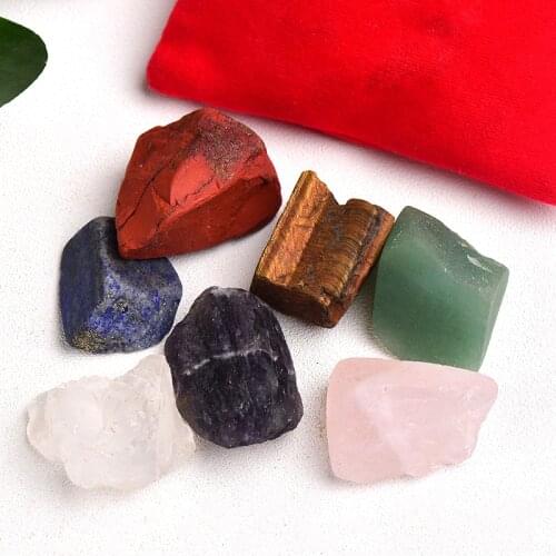 1 set Natural Crystal Stone Seven Chakras Black Cloth Bag Large Grain Unpolished Collection Irregular Reiki Healing Stone Gift