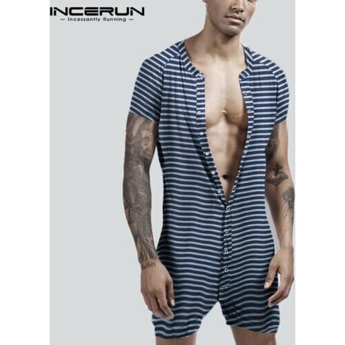 INCERUN Men Pajamas Jumpsuit Striped Short Sleeve Button Casual Homewear Fitness Sexy Nightwear Cozy Mens Rompers Sleepwear 2021