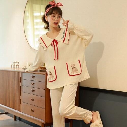 Lovely Bear Pajamas Set Cotton O-Neck Long Sleeve Women Sleepwear Retro Sweet Doll Collar Womens Cute Bows Winter Warm Pajamas
