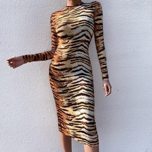 Sexy Women Bodycon Dress Tiger Print Long Sleeve Robe Vintage Autumn Winter Christmas Dress Animal Pencil Midi Srtiped Dress