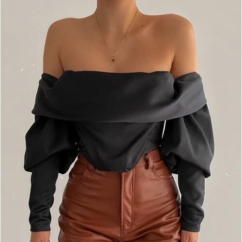 Sexy Off Shoulder Blouse Women Autumn Black Stretch Satin Buttons Long Sleeve Back Boned Tops Elegant Party Blusas 2020