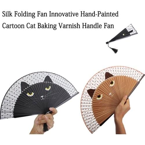Silk Folding Hand Fan Innovative Hand-Painted Cartoon Cat Baking Varnish Handle Fan Decoration Gift Weddings Tool