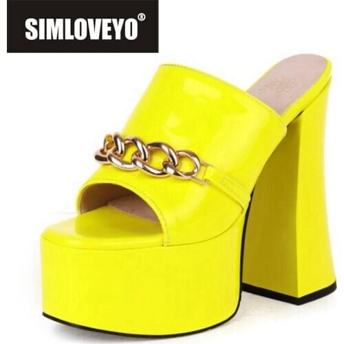 SIMLOVEYO New 2021 Women Sandals Square Toe 15cm High Block Heels Patent Leather Buckle Chains Stylish Punk Big Size 46 B2491