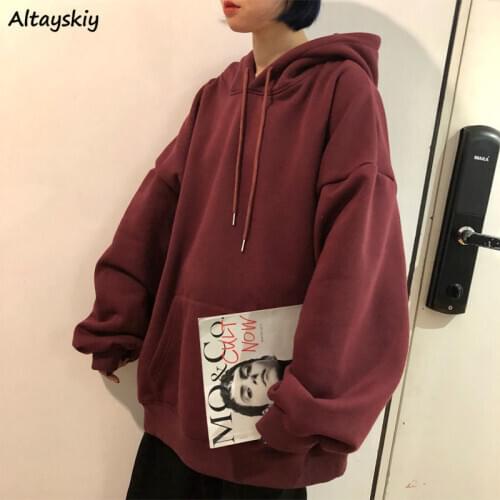 Hoodies Women Solid Loose Hooded Plus Velvet Chic Front Pockets Thick Sweatshirts Couple All-match Leisure Students Womens New