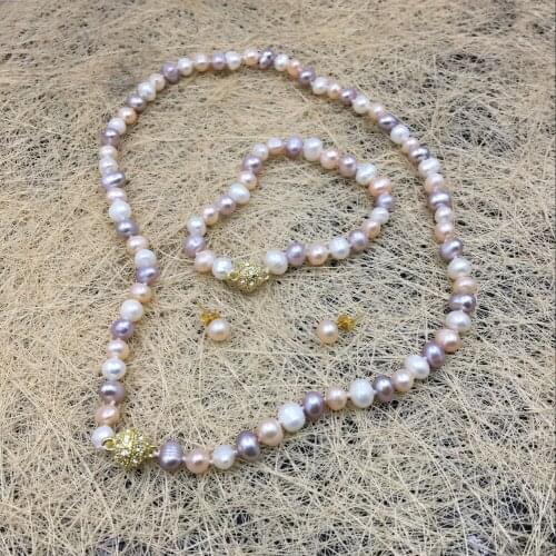 Jewelry Sets 100% Real 7-8mm White Yellow Purple Sea South Pearl Necklace Bracelet Earrings Natural Stone 18'' Wholesale Price