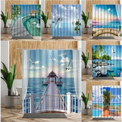 Beach Natural Scenery Shower Curtain Wooden Bridge Window Seagull Dolphin Home Decoration Background Waterproof Bathtub Screen