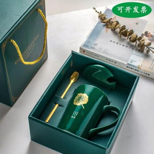 Green Glaze 12oz Gift Box Set Mark Ceramic Water Cup Coffee boba Milk Tea Mugs Breakfast Cup
