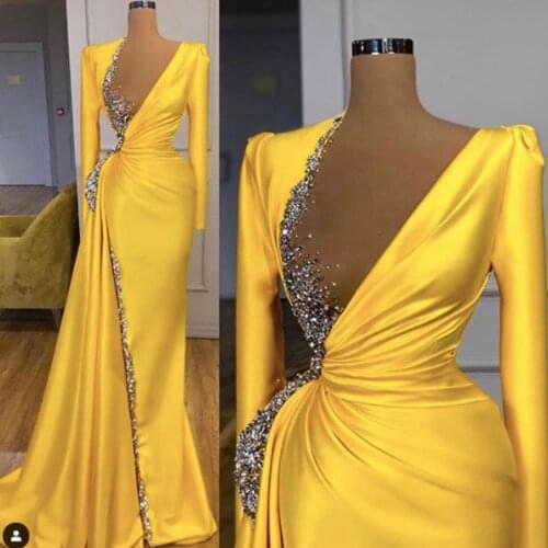 Yellow prom dresses 2021 v neck pleats long sleeve beading sequins pleats long evening dresses gowns