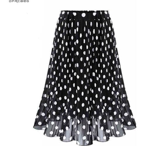 4XL 5XL Plus Size Pleated Chiffon Skirt For Woman 2021 Summer Elastic Waist Polka Dot Print Beach Skirts Femme Saia Midi