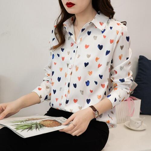 Women Heart Print Lapel Blouse Korean Fashion Long Sleeve Tops Women Loose Casual Chiffon Blouses Tops Ladies Clothing