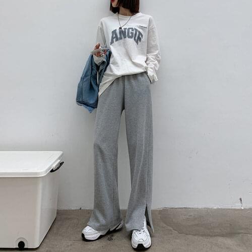 Bella 2021 Spring Grey Sports Casual Cotton Pant Vintage Female Side Zippers Split Elastic High Waist Loose Wide-Legged Trousers